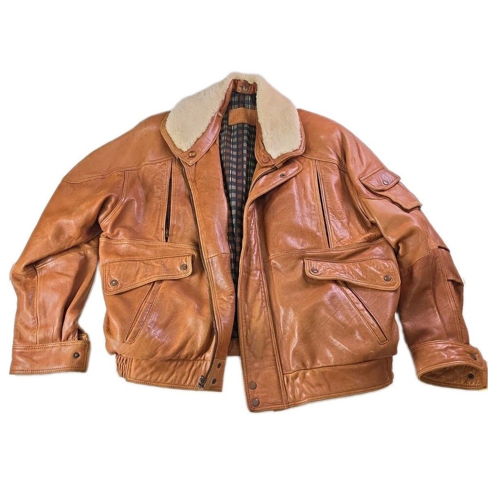 VTG Genuine Cowhide Leather Bomber Jacket Real Shearling Collar Mens XL Eagle